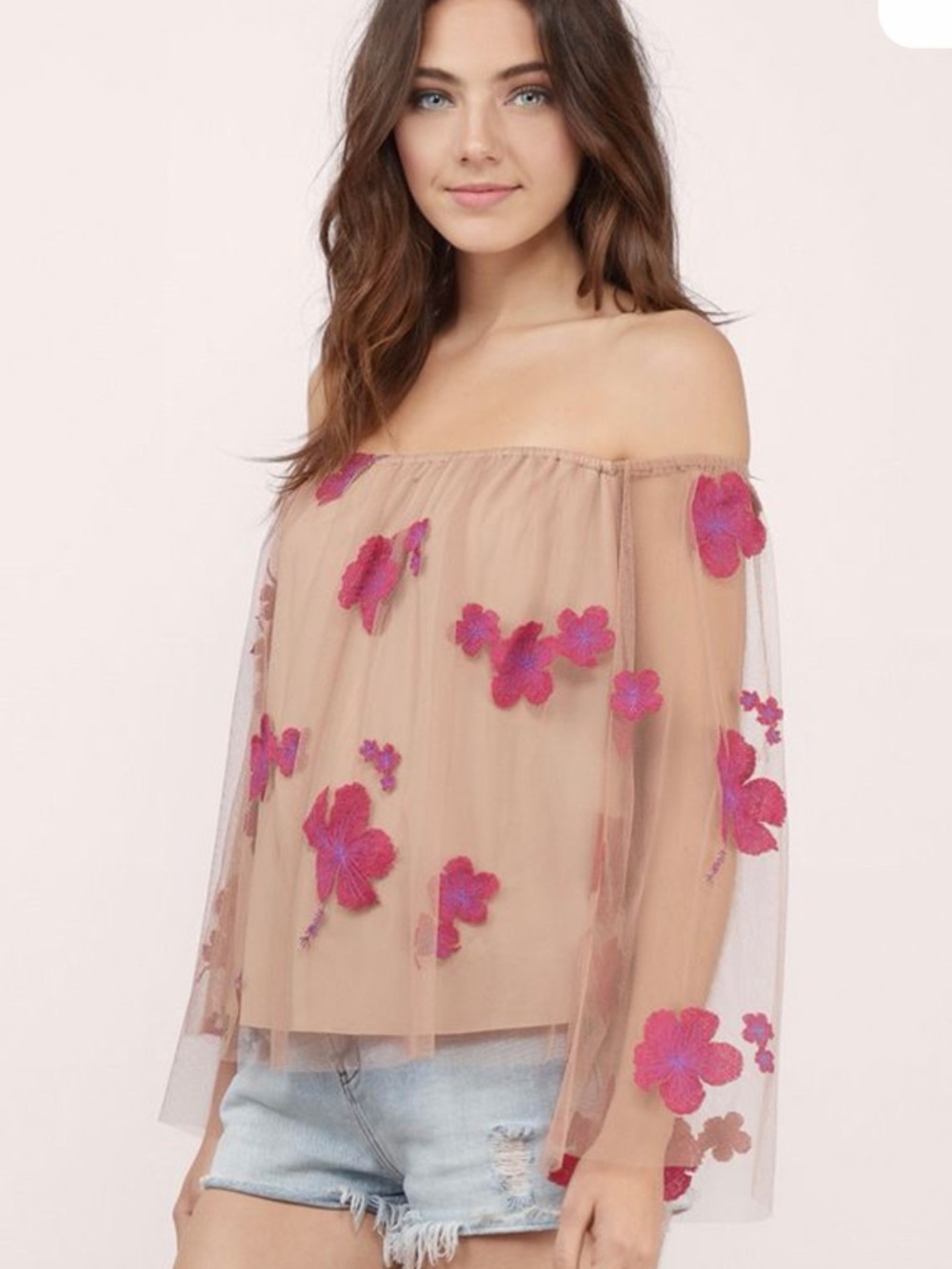 Tobi Beige and Pink Floral Mesh Blouse